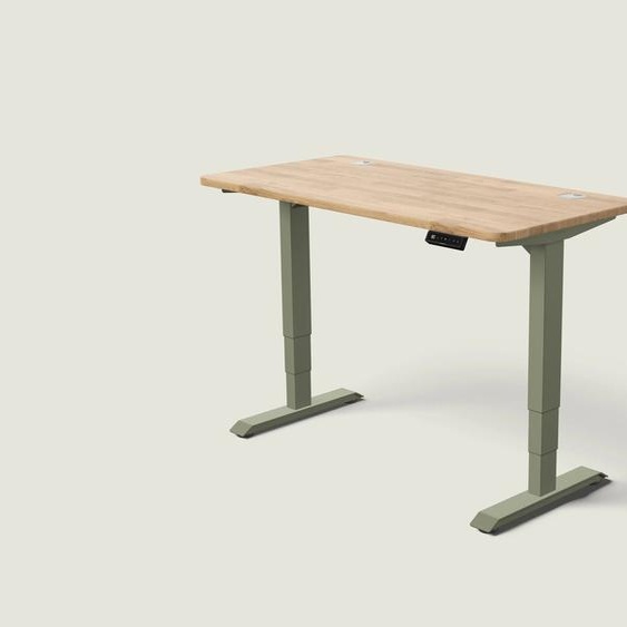 Bureau assis debout HomePro - Vert olive / Chêne massif / 140x70 cm