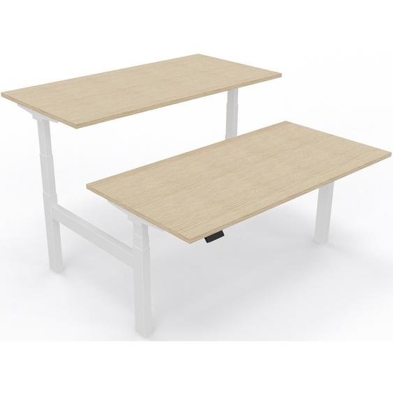 Bureau assis-debout partagé 2 postes Eminence 2 - Réglage électrique en hauteur - L.140 x P.166 cm - Plateau Chêne - Pieds Blanc