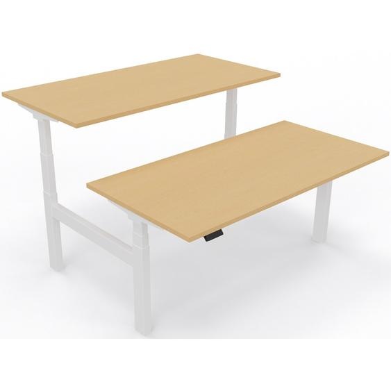 Bureau assis-debout partagé 2 postes Eminence 2 - Réglage électrique en hauteur - L.140 x P.166 cm - Plateau Hêtre - Pieds Blanc