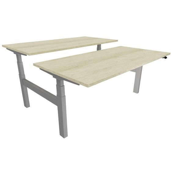 Bureau assis-debout partagé 2 postes Eminence - Réglage électrique en hauteur - L.140 x P.166 cm - Plateau Chêne Canadien - Pieds Aluminium
