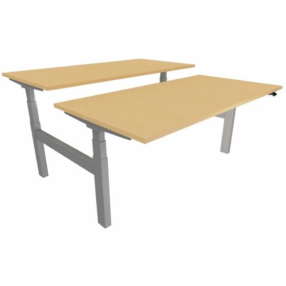 Bureau assis-debout partagé 2 postes Eminence - Réglage électrique en hauteur - L.160 x P.166 cm - Plateau Hêtre - Pieds Aluminium