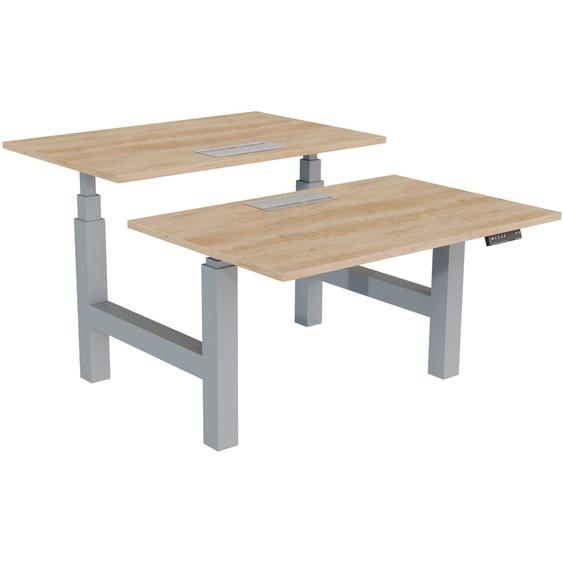 Bureau assis-debout partagé Activo - Réglage électrique en hauteur - L.120 x P.80 cm - Plateau Chêne Nebraska avec top access - Pieds Gris