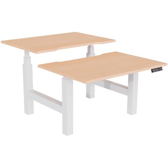 Bureau assis-debout partagé Activo - Réglage électrique en hauteur - L.120 x P.80 cm - Plateau Hêtre avec échancrure - Pieds Blanc