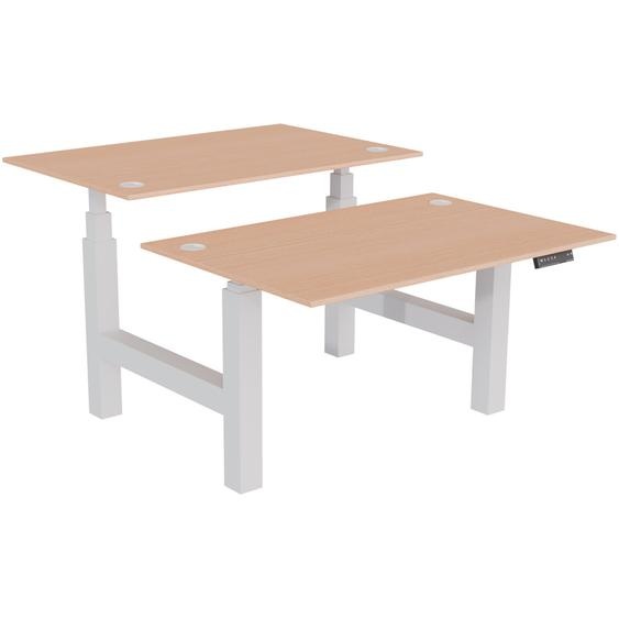 Bureau assis-debout partagé Activo - Réglage électrique en hauteur - L.120 x P.80 cm - Plateau Hêtre avec obturateurs - Pieds Blanc