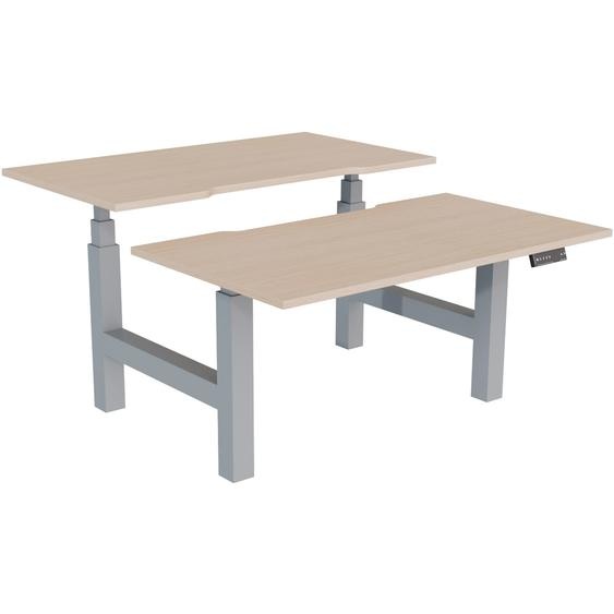 Bureau assis-debout partagé Activo - Réglage électrique en hauteur - L.140 x P.80 cm - Plateau Chêne avec échancrure - Pieds Gris