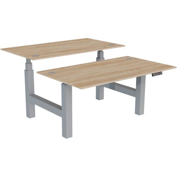 Bureau assis-debout partagé Activo - Réglage électrique en hauteur - L.140 x P.80 cm - Plateau Chêne Nebraska avec obturateurs - Pieds Gris