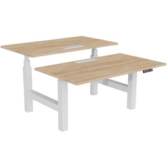 Bureau assis-debout partagé Activo - Réglage électrique en hauteur - L.140 x P.80 cm - Plateau Chêne Nebraska avec top access - Pieds Blanc