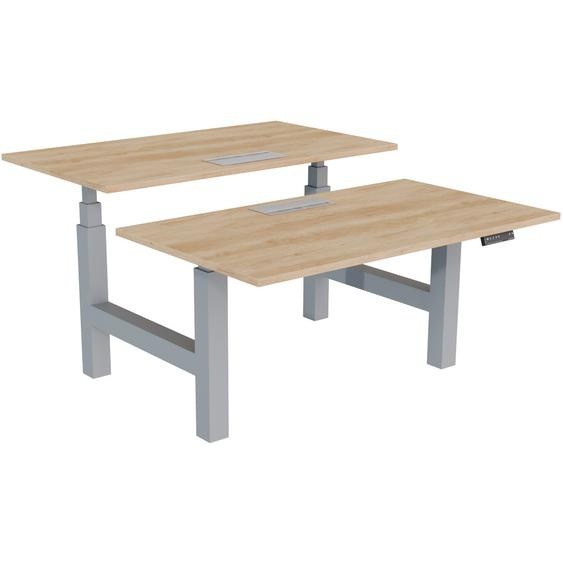 Bureau assis-debout partagé Activo - Réglage électrique en hauteur - L.140 x P.80 cm - Plateau Chêne Nebraska avec top access - Pieds Gris