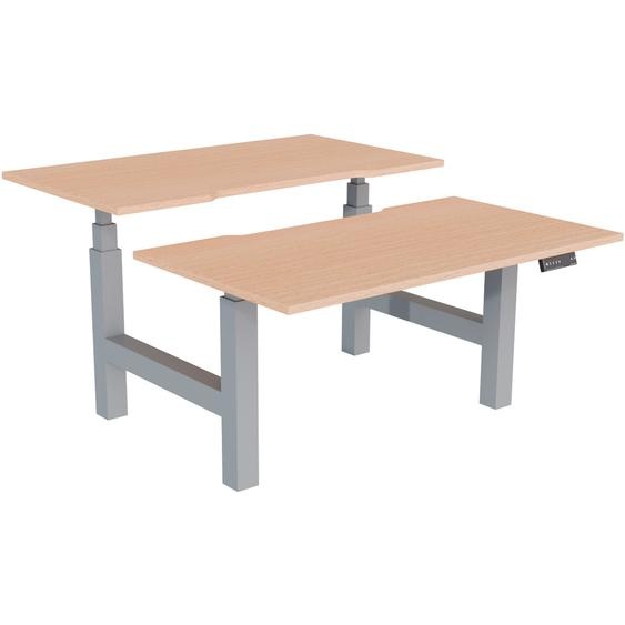 Bureau assis-debout partagé Activo - Réglage électrique en hauteur - L.140 x P.80 cm - Plateau Hêtre avec échancrure - Pieds Gris