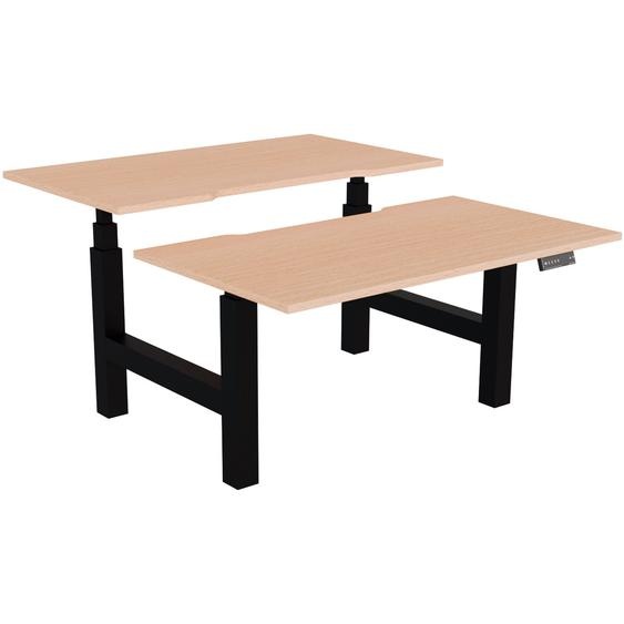 Bureau assis-debout partagé Activo - Réglage électrique en hauteur - L.140 x P.80 cm - Plateau Hêtre avec échancrure - Pieds Noir