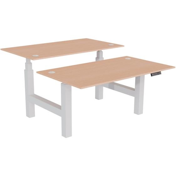 Bureau assis-debout partagé Activo - Réglage électrique en hauteur - L.140 x P.80 cm - Plateau Hêtre avec obturateurs - Pieds Gris
