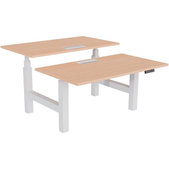 Bureau assis-debout partagé Activo - Réglage électrique en hauteur - L.140 x P.80 cm - Plateau Hêtre avec top access - Pieds Blanc