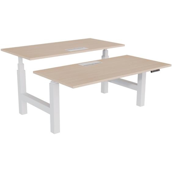Bureau assis-debout partagé Activo - Réglage électrique en hauteur - L.160 x P.80 cm - Plateau Chêne avec top access - Pieds Blanc