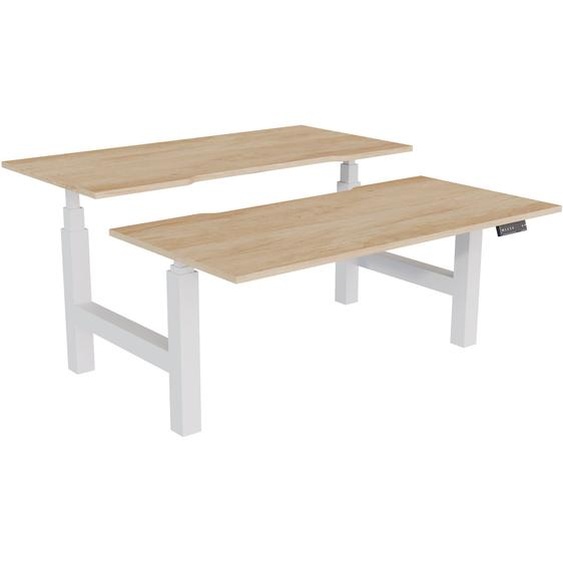 Bureau assis-debout partagé Activo - Réglage électrique en hauteur - L.160 x P.80 cm - Plateau Chêne Nebraska avec échancrure - Pieds Blanc