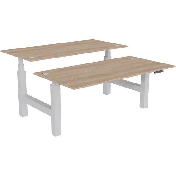 Bureau assis-debout partagé Activo - Réglage électrique en hauteur - L.160 x P.80 cm - Plateau Chêne Nebraska avec obturateurs - Pieds Blanc