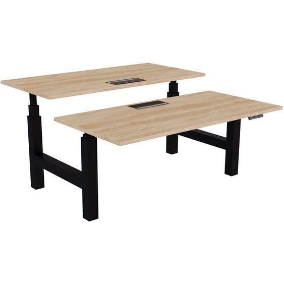 Bureau assis-debout partagé Activo - Réglage électrique en hauteur - L.160 x P.80 cm - Plateau Chêne Nebraska avec top access - Pieds Noir