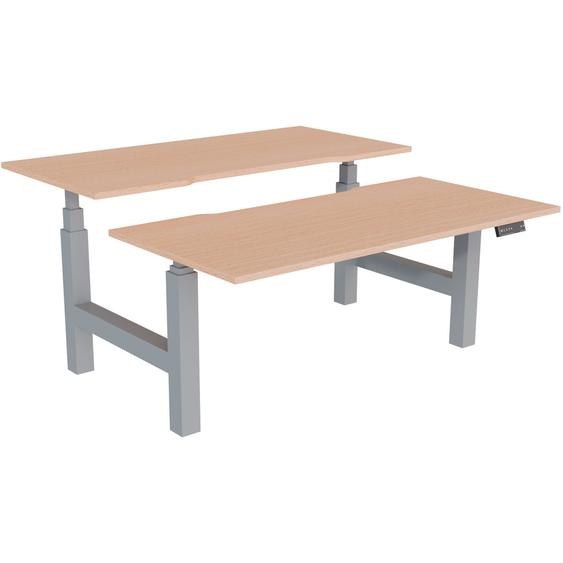 Bureau assis-debout partagé Activo - Réglage électrique en hauteur - L.160 x P.80 cm - Plateau Hêtre avec échancrure - Pieds Gris