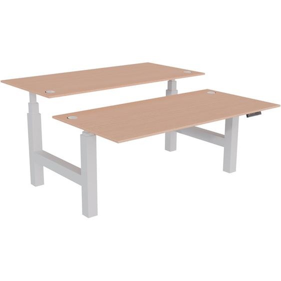 Bureau assis-debout partagé Activo - Réglage électrique en hauteur - L.160 x P.80 cm - Plateau Hêtre avec obturateurs - Pieds Blanc