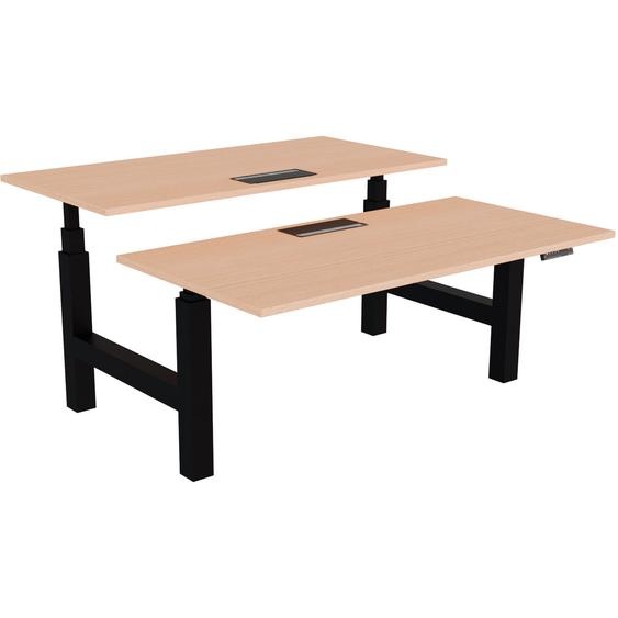 Bureau assis-debout partagé Activo - Réglage électrique en hauteur - L.160 x P.80 cm - Plateau Hêtre avec top access - Pieds Noir