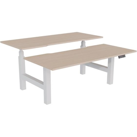 Bureau assis-debout partagé Activo - Réglage électrique en hauteur - L.180 x P.80 cm - Plateau Chêne avec échancrure - Pieds Blanc