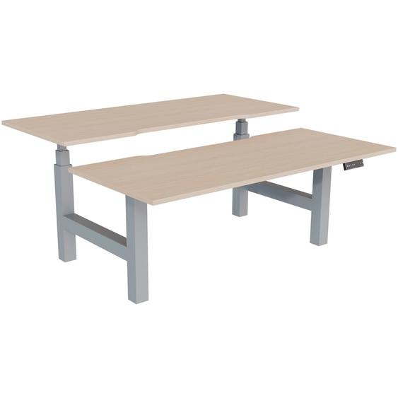 Bureau assis-debout partagé Activo - Réglage électrique en hauteur - L.180 x P.80 cm - Plateau Chêne avec échancrure - Pieds Gris
