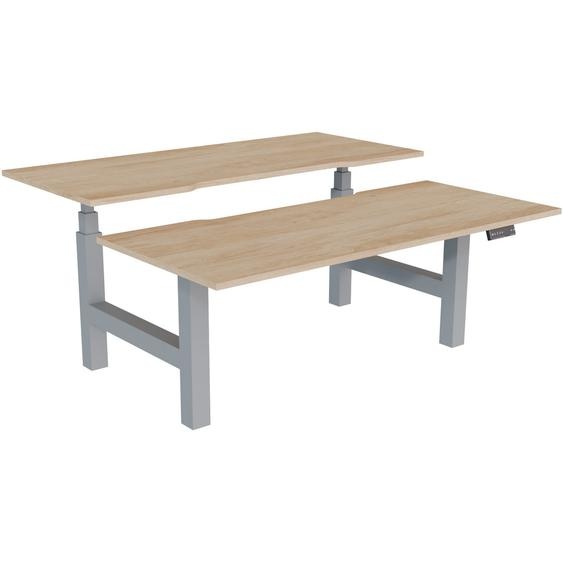 Bureau assis-debout partagé Activo - Réglage électrique en hauteur - L.180 x P.80 cm - Plateau Chêne Nebraska avec échancrure - Pieds Gris