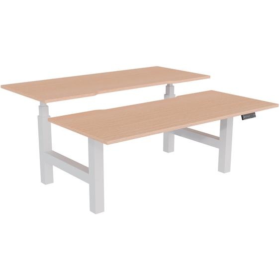 Bureau assis-debout partagé Activo - Réglage électrique en hauteur - L.180 x P.80 cm - Plateau Hêtre avec échancrure - Pieds Blanc