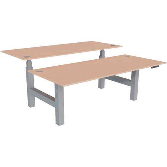 Bureau assis-debout partagé Activo - Réglage électrique en hauteur - L.180 x P.80 cm - Plateau Hêtre avec obturateurs - Pieds Gris