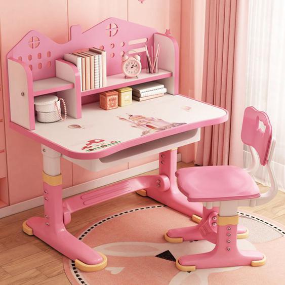 Bureau avec chaise pour enfants,hauteur réglable,bureau élargi, bibliothèque et tiroir de rangement,rose,76x63x105cm