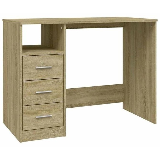 Bureau avec tiroirs - Bureau informatique - 102x50x76 cm - Panneau de particules imitation chêne Sonoma - Rangement pour petits objets - Jaune