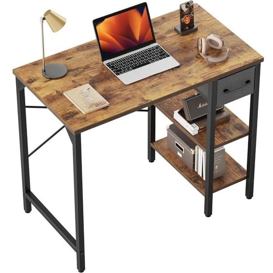 Bureau avec tiroirs et 2 étagères - 90 x 48 x 75 cm - Petit bureau dordinateur - Pour bureau, chambre à coucher, cadre en métal - Marron vintage