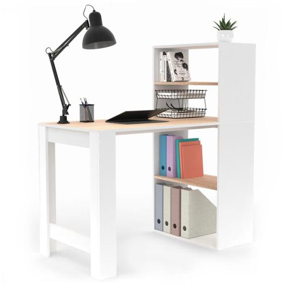 Bureau bibliothèque BEN avec étagères blanc et façon hêtre