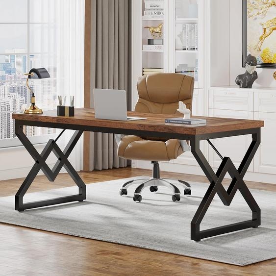 Bureau - Bureau de direction - 160 x 80 cm - Plateau en bois épais - Piètement en métal - Grande surface de travail pour ordinateur - Design moderne - Marron