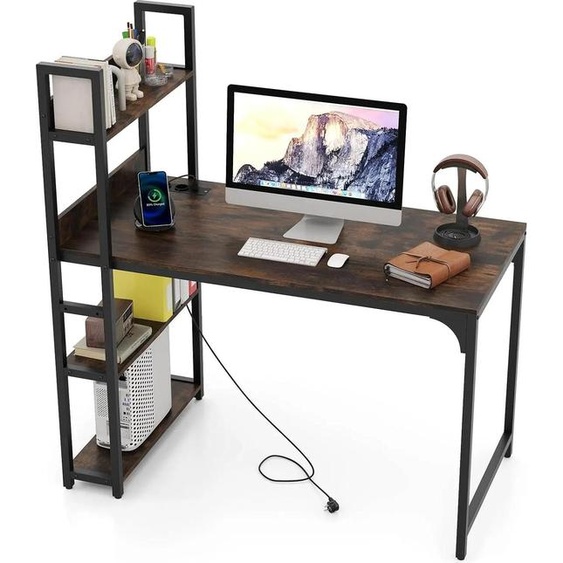 Bureau - Bureau dordinateur - Avec station de recharge, ports USB et prises électriques - Étagère ouverte - Plateau en bois et structure en métal - 120 x 65 cm - Rectangulaire - Marron