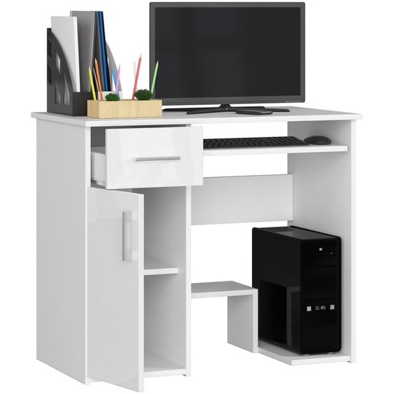 Bureau compact blanc avec finition haute brillance et tiroir pour clavier extensible