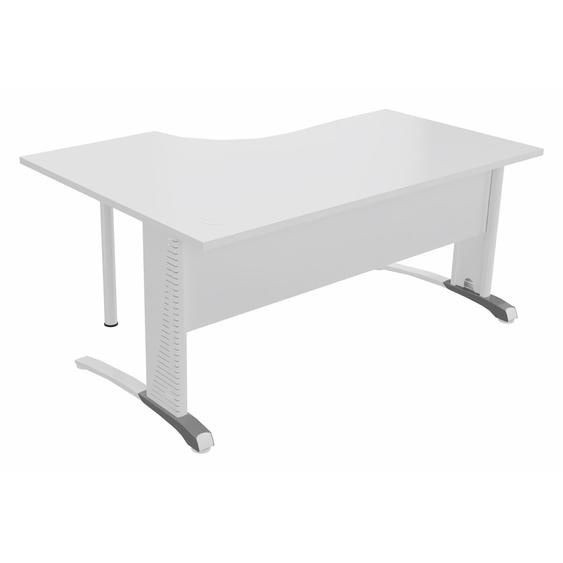 Bureau compact retour à droite Biospace avec voile de fond - L.160 x P.110 cm - Plateau Blanc - Pieds Blanc - Embases Aluminium