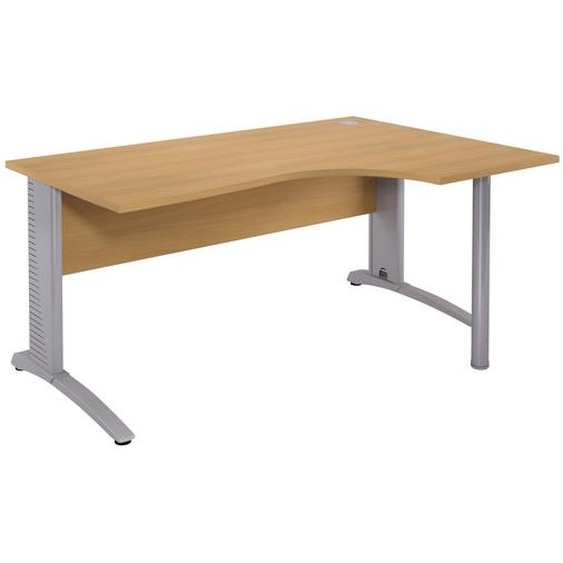 Bureau compact retour à droite Biospace avec voile de fond - L.160 x P.110 cm - Plateau Hêtre - Pieds Aluminium - Embases Aluminium