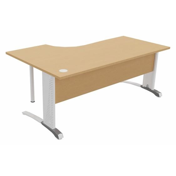 Bureau compact retour à droite Biospace avec voile de fond - L.180 x P.110 cm - Plateau Hêtre - Pieds Blanc - Embases Aluminium