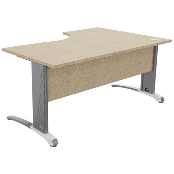 Bureau compact retour à gauche Biospace avec voile de fond - L.160 x P.110 cm - Plateau Chêne - Pieds Aluminium - Embases Blanc