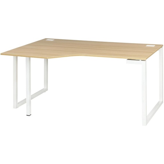 Bureau compact retour à gauche Vitaly - L.160 x P.105 cm - Plateau Chêne - Pieds cadre métal Blanc