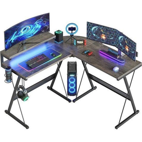 Bureau dangle de jeu Unyqoos® en forme de L, dimensions 130x130x91 cm, surface en fibre de carbone, éclairage LED RGB (7 couleurs/22 modes), support pour moniteur, porte-gobelet, crochet pour casque