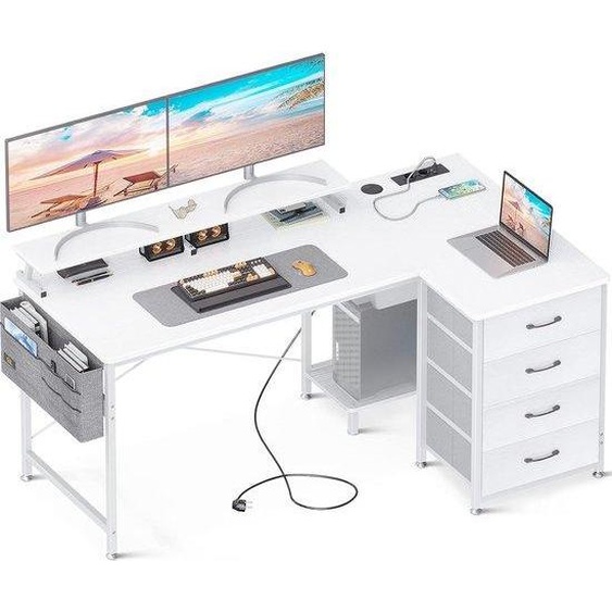 Bureau dangle en forme de L, blanc, Unyqoos®, dimensions : 140 x 80 x 87 cm, 4 tiroirs, support pour écran, 2 prises électriques et 2 ports USB, structure en MDF et métal