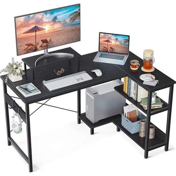 Bureau dangle en forme de L Unyqoos® avec étagère et support pour écran, réversible, bureau pour ordinateur et jeux, en bois et en métal, noir, 120 x 80 x 75 cm