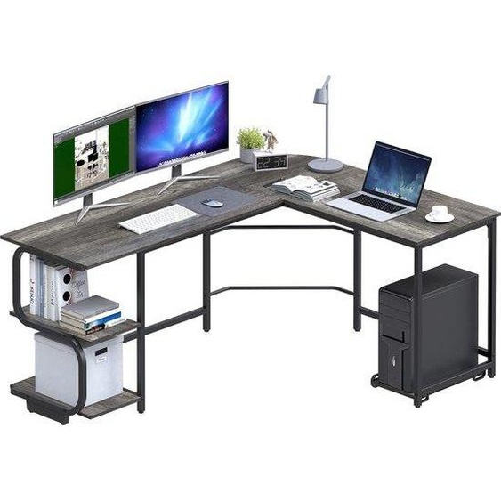 Bureau dangle Unyqoos® avec étagère, réversible – 155x50 cm et 110x50 cm, hauteur 75 cm, en panneau de particules P2, structure métallique, bureau pour ordinateur/jeux, gain de place, finition noir chêne