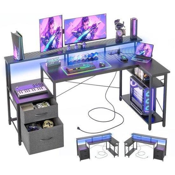 Bureau dangle Unyqoos® en forme de L avec éclairage LED (télécommande), ports USB et Type-C intégrés, espace de rangement – structure en métal et MDF, support pour écran, 2 étagères, 2 tiroirs en tissu
