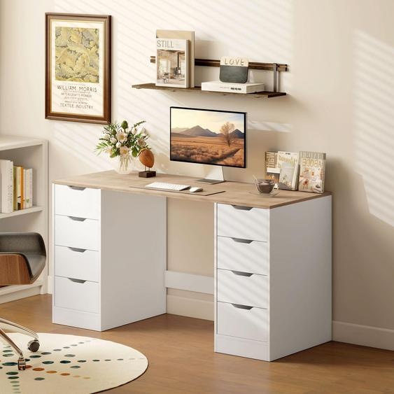 Bureau de 140 cm, bureau dordinateur à 8 tiroirs, bureau pour le télétravail, panneau MDF, blanc | 140 x 53 x 75 cm | 8 tiroirs | Structure en acier