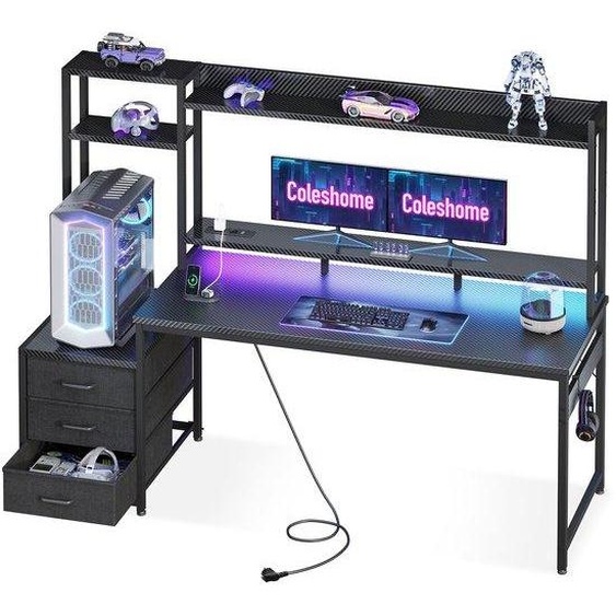 Bureau de jeu Benzoa® avec éclairage LED, prise de courant et support pour écran, grande surface de travail, 3 tiroirs en tissu, finition en fibre de carbone – idéal pour les joueurs et les étudiants