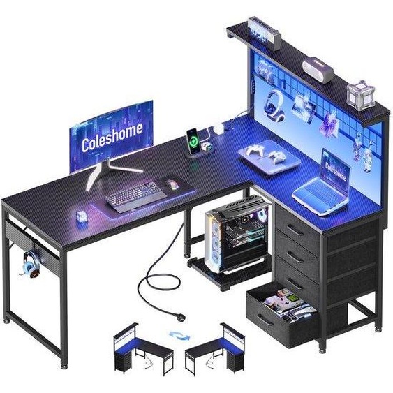 Bureau de jeu réversible Ibenzoa®, noir (aspect fibre de carbone), éclairage LED 10 couleurs, 2 prises secteur + 2 ports USB, support pour processeur, 4 tiroirs en tissu