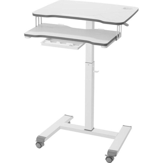 Bureau debout réglable en hauteur Ibenzoa® avec roulettes – Plateau de travail 68x50 cm, tiroir pour clavier 60x30 cm, couleur marbre blanc, hauteur réglable de 77 à 113 cm, avec tiroir et porte-gobelet