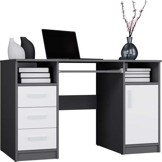 Bureau DELTA avec 3 tiroirs, porte, tablette à clavier coulissante | Couleur : anthracite et blanc